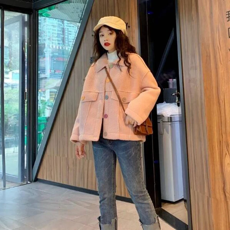 Winter New Korean Loose Women Coat Thick Preppy Style Imitation Lambswool Fashion Female Outwear