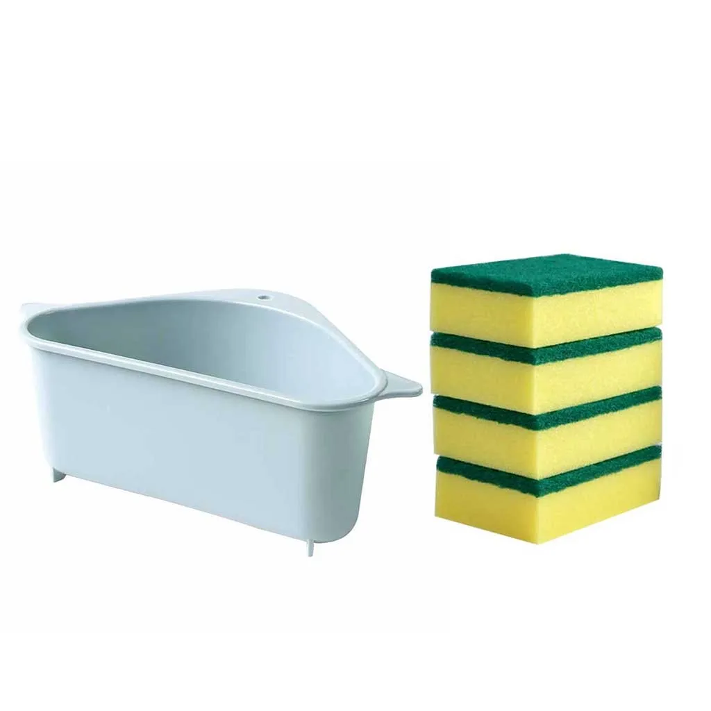 Blue 4 Sponge Треугольный держатель для хранения, многофункциональная полка для слива, стеллаж для хранения, кухонная присоска, стеллаж для хранения, портативная полка для мыла - Цвет: Blue 4 Sponge