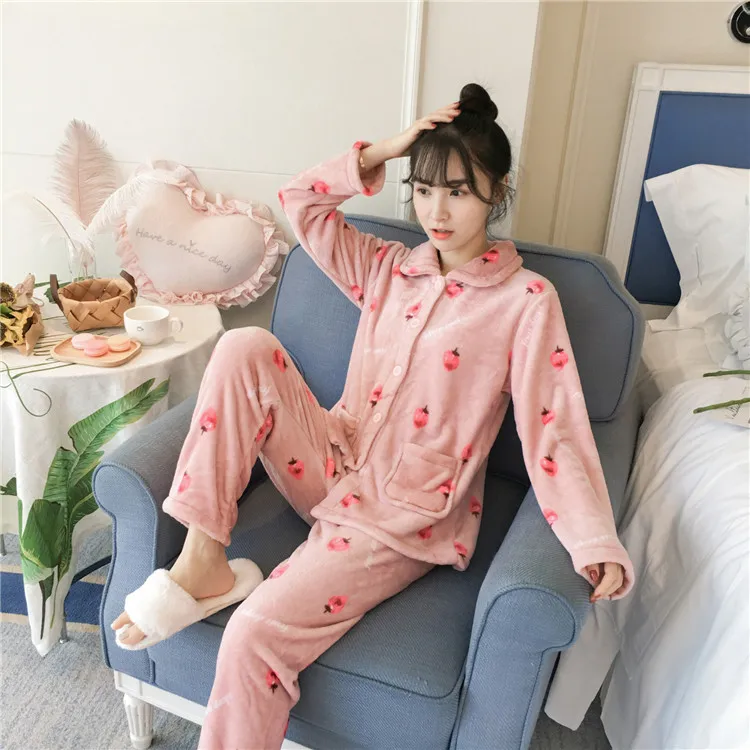 Autumn Winter Warm Flannel Women Pyjamas Sets Thick Coral Velvet Long Sleeve Cartoon Sleepwear Thin Flannel Pajamas Set for Girl