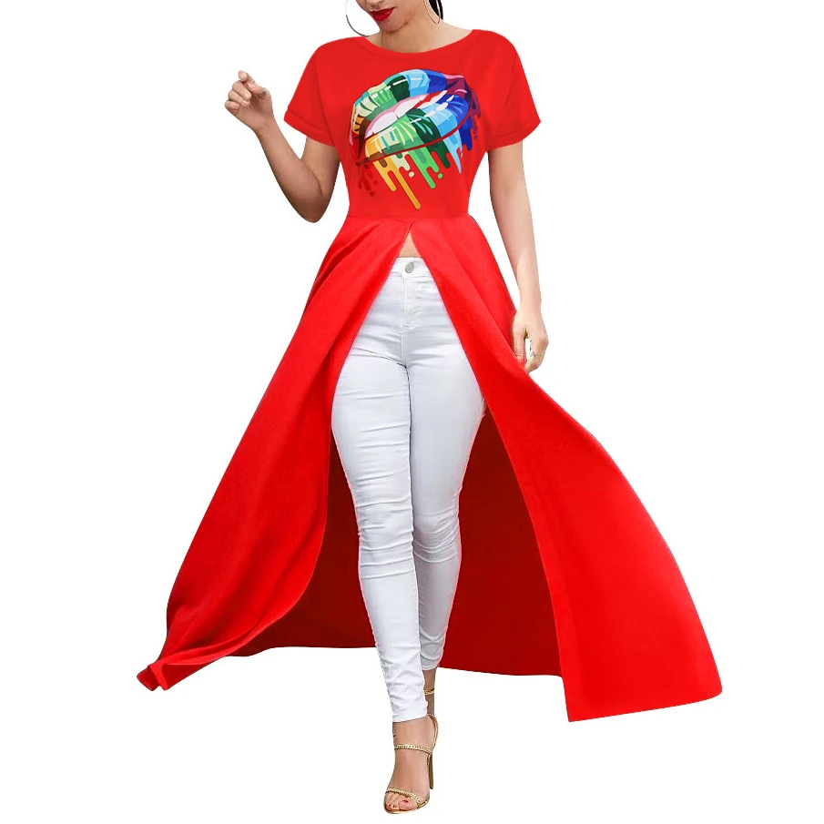 

Women Sexy Lips Print T-Shirt Short Sleeve Round Neck Tunic Split Hem High Low Top AM0991