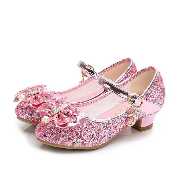 Платье принцессы для девочек детская кожаная обувь для девочек, с декоративным цветком, свободная блузка Повседневное блестящие детские туфли на высоком каблуке для девочек туфли с узлом бабочкой синего, розового и серебристого цвета - Цвет: Pink-119