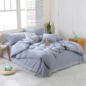 

4Pieces 100%Washed Cotton Ultra Soft Simple Style Grey Blue Bedding set Flat/Fitted Bed Sheet Duvet Cover set with Zipper Ties