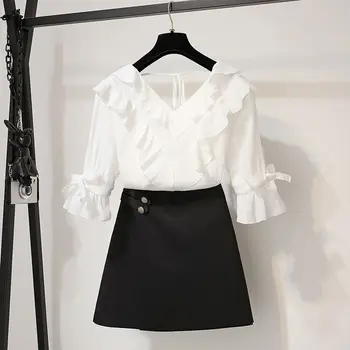 

2019 Fashion Summer Women Casual Long Sleeve Ruffles Two Piece Set Zip Loose Lace Up V-Neck Lantern Sleeve Women's Suit