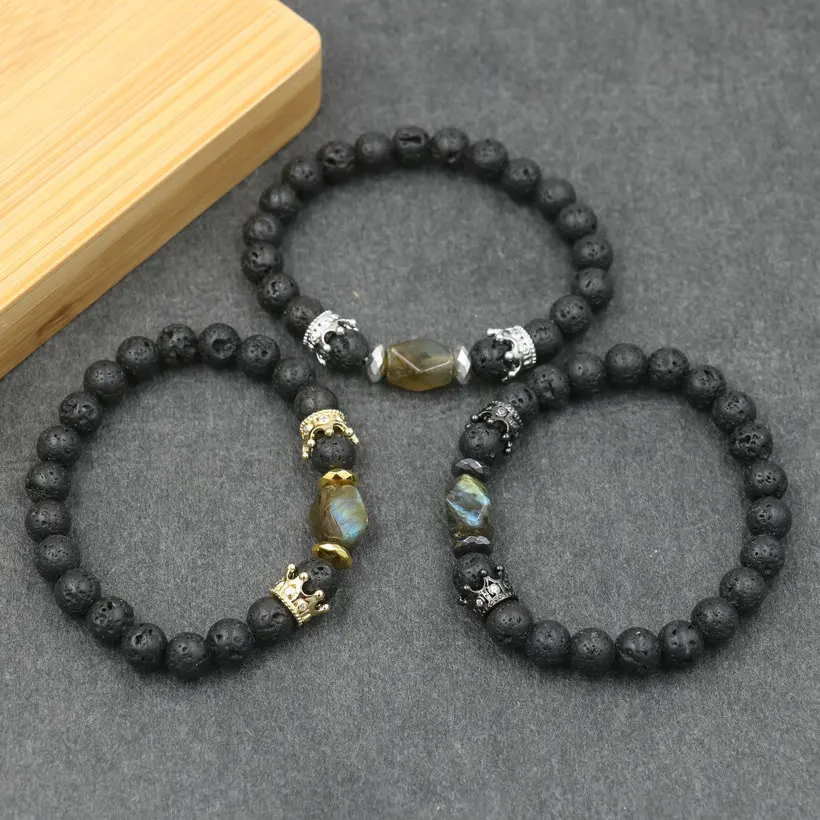 Trend Charm Beads Bracelet For Men Fashion Luxury Gold Crown Lava Stone Bracelet Male Jewelry Gift Chakra Pulseira bileklik - Image 4