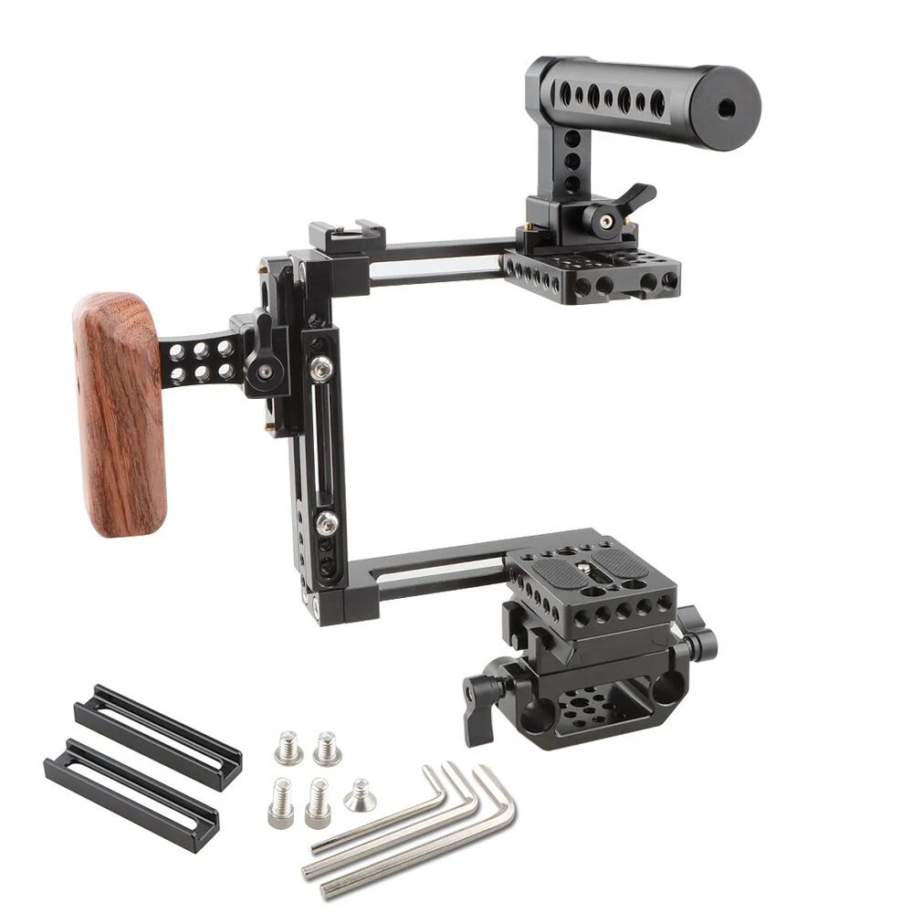 

CAMVATE Adjustable Dual-Use DLSR Camera Cage Rig With Quick Release NATO Top Cheese Handle&Wood handgrip (Left) & Cold Shoe Base