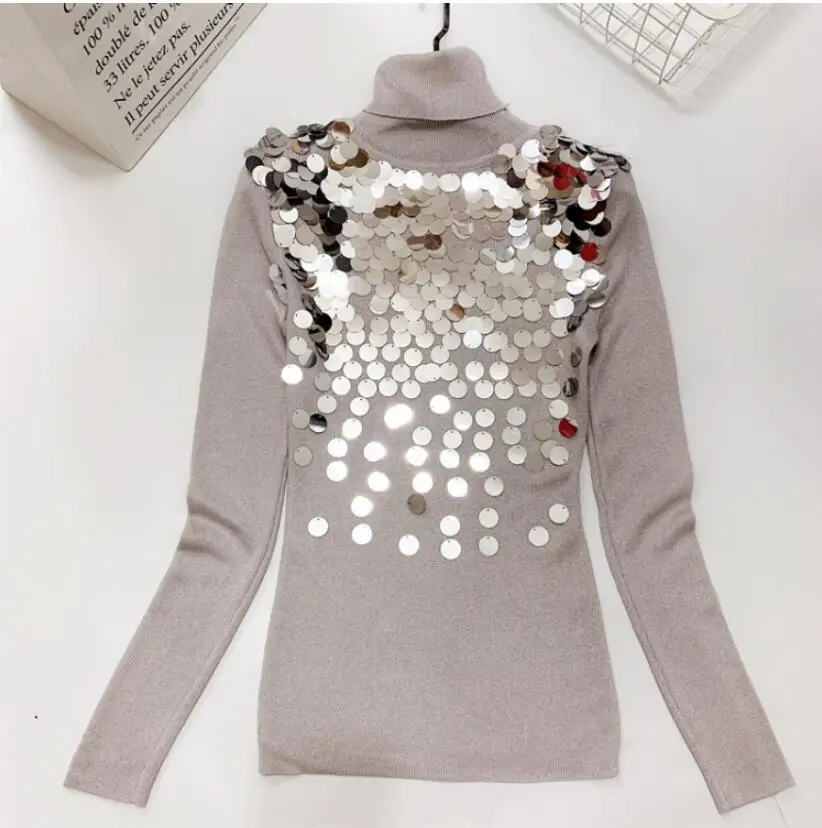 Водолазка SequinSweater Женская Осенняя зимняя одежда стрейч тонкий блесток пуловер свитер женский Высокий воротник вязаный Pull Femme