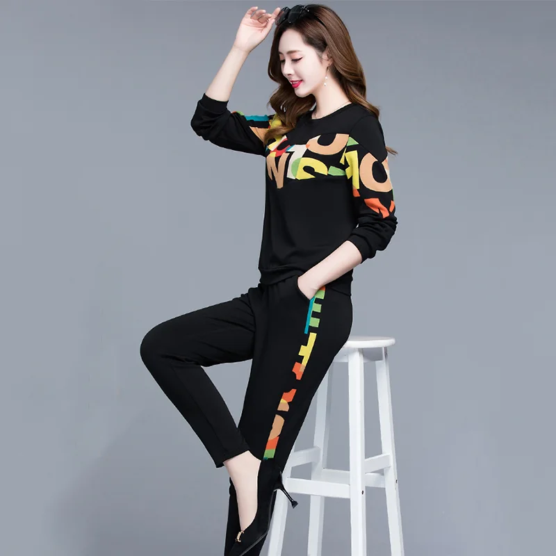 

2020 Two Piece Suit For Fall Winter Casual Sportswear Long Sleeve Trousers O neck Letter Print Hoodie Fashion Women