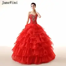 JaneVini элегантное красное бальное платье с оборками длинное бальное платье без бретелек Quinceanera с хрустальными бусинами органза принцесса сладкий 16 платья