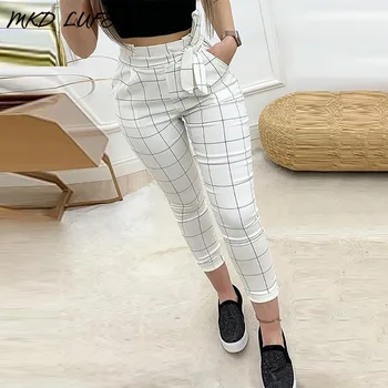 

Women High Waist Grid Paperbag Waist Pants Ladies Bow Tied Waist Casual Pencil Pants Streetwear