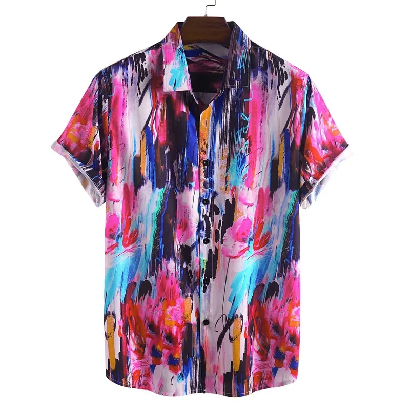 

Helisopus Summer New Mens Shirts Short Sleeve Polyester Single Breasted Shirts Print Turn-down Collar Multicolor Streetwear Top
