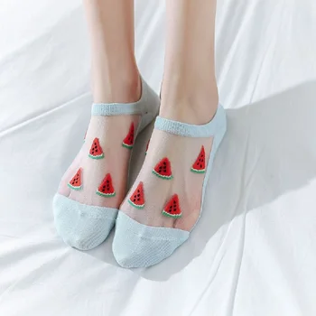 

Invisible Ankle Silk Socks Women Cute Cartoon Hollow Out Boat Socks Funny Low Cut Fruit Print No Show Hidden Socks