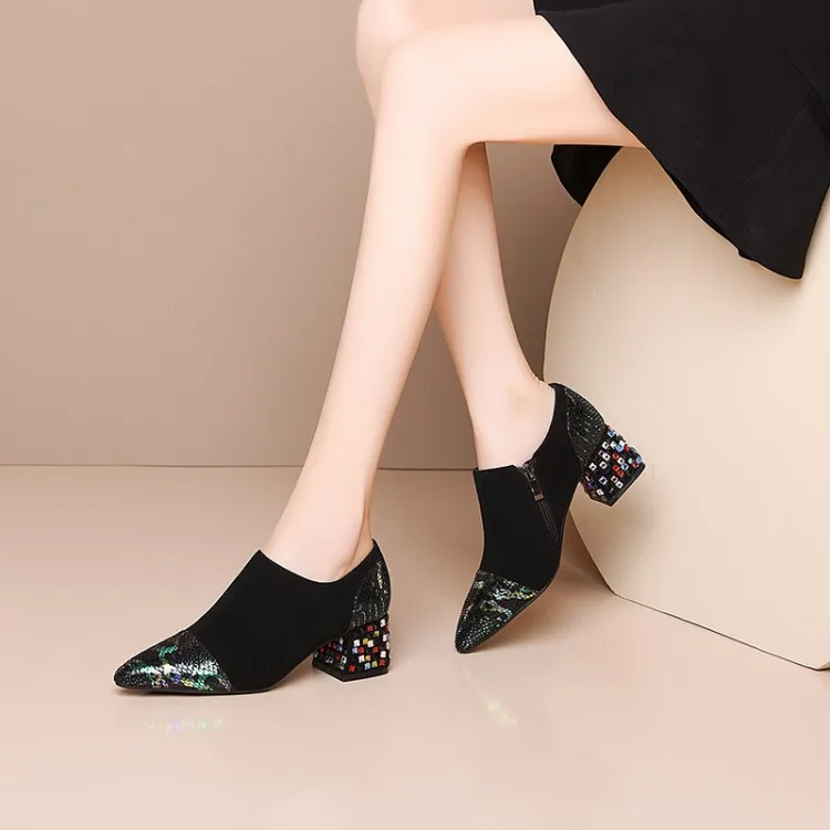 

Leather Shoes Pq2-1s Spring New Style Dull Polish Semi-high Heeled Chunky-Heel Black Tip WOMEN'S Shoes shen kou xie Sheepskin Ge