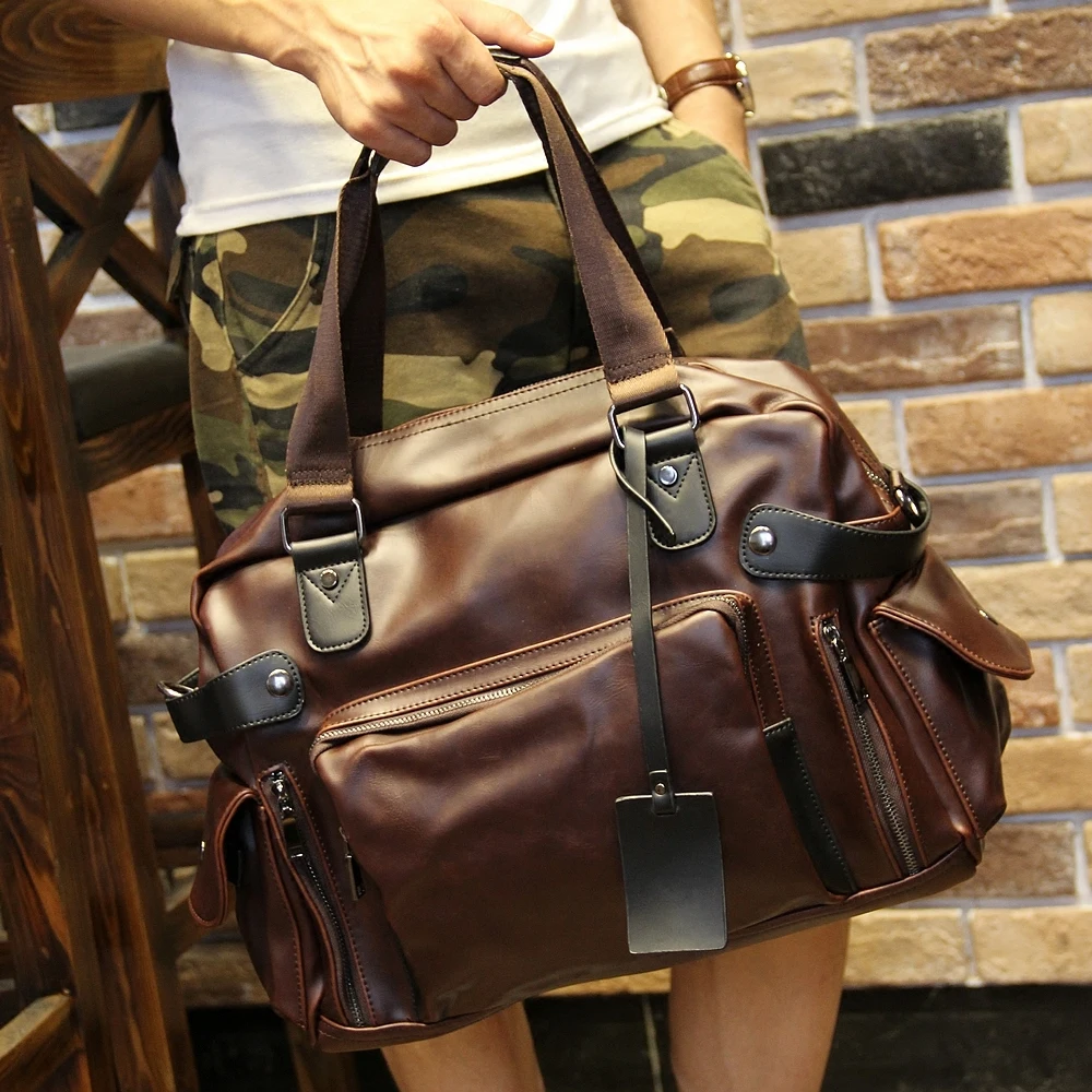 

LEBSGE Retro men tote handbag vintage pu leather zipper messenger shoulder laptop bag travel luggage bags large duffle bolsa