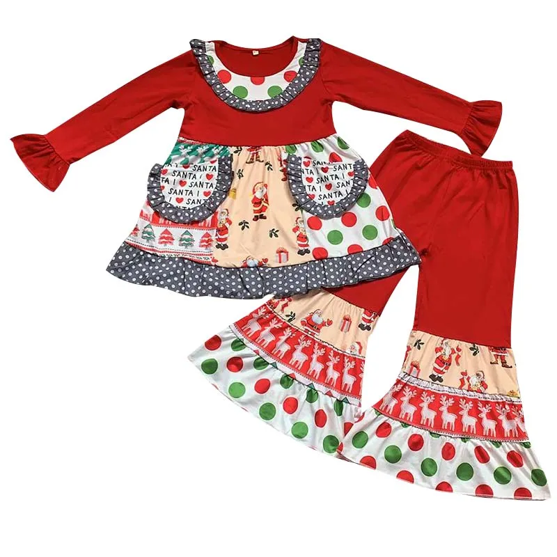 

New Fall/winter baby girls kids wear outfits with pockets Christmas 2pcs milk silk ruffle pant boutique children clothing