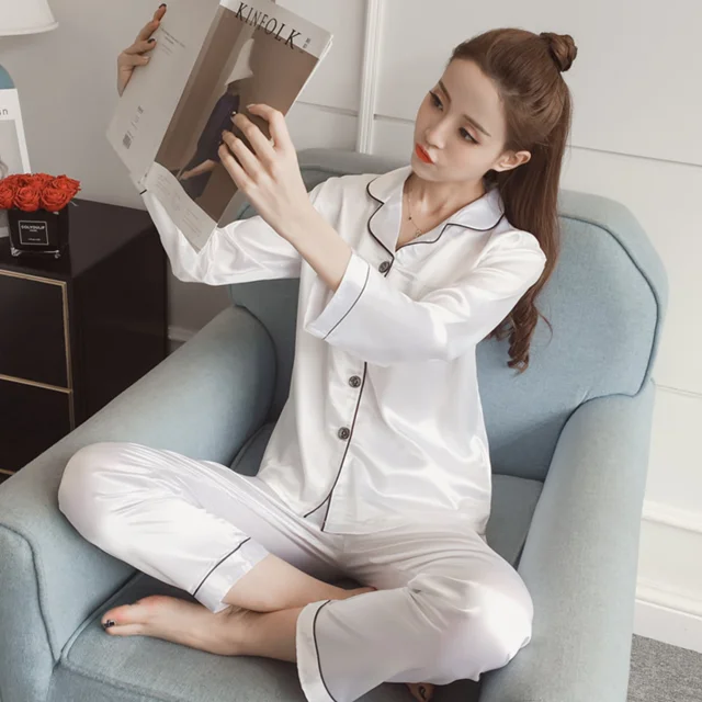 Осенний комплект из 2 предметов: Для женщин одежда для сна из искусственного шелка и сатина, пижамы, пижамный комплект пижама с длинными рукавами пижамы женский домашний костюм - Цвет: Белый