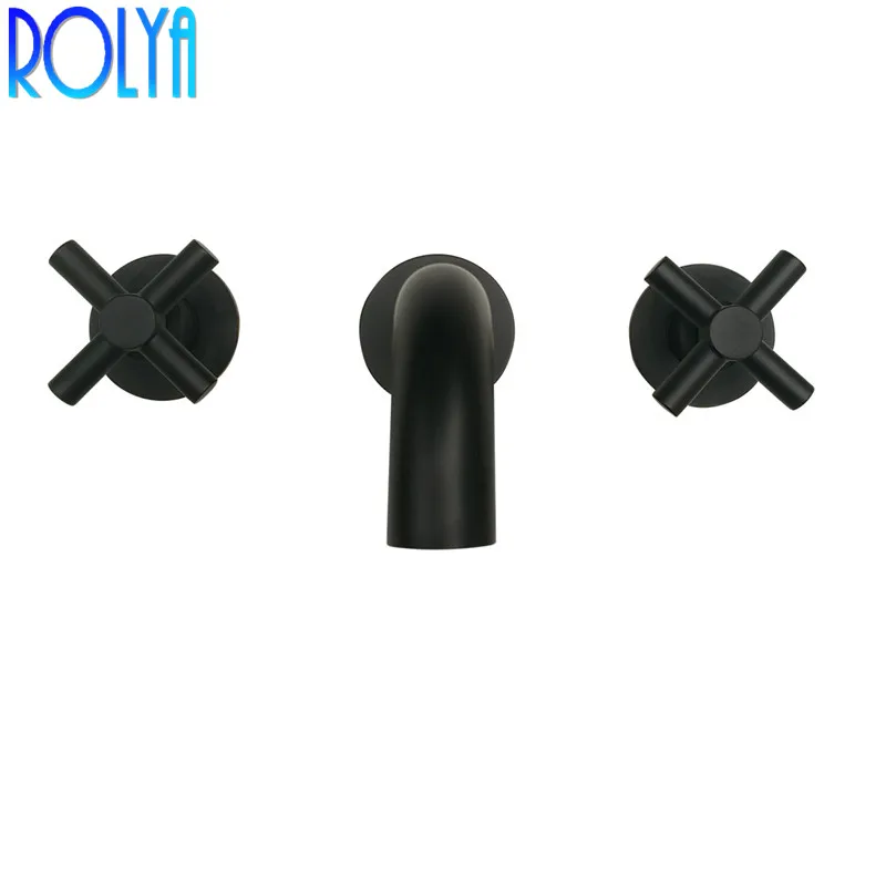 ROLYA Cross Dual Handles Matte Black Wall Mounted Basin Faucet Bathroom Sink Mixer Taps Solid Brass