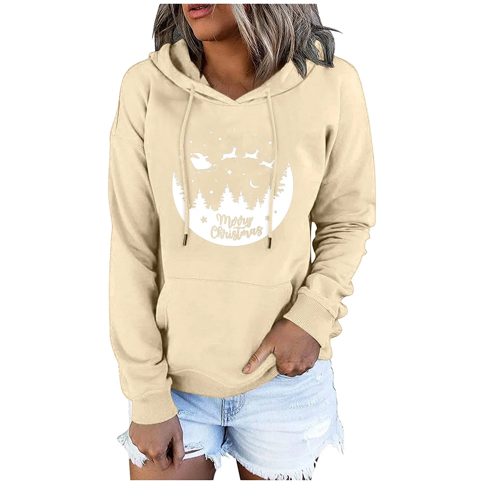 Harajuku Sweatshirts for Women's Fashion Pullover Leisure Christmas Party Printed Hoodies loose Long Sleeve Pocket Hooded Top 2
