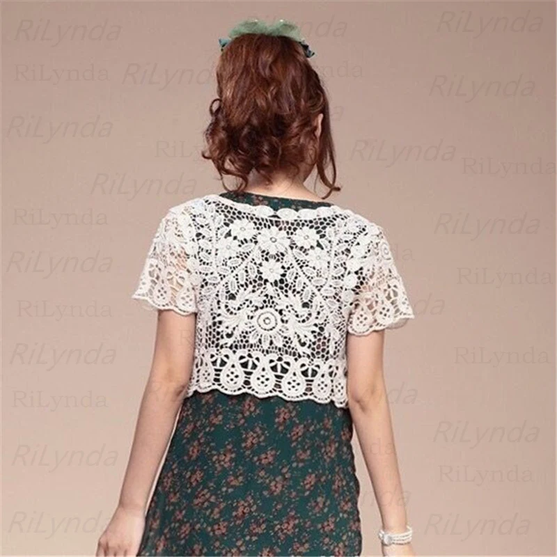 Women's Short Sleeve Shrug Bolero Lace Sheer Bridal Summer Jacket Cape White/Black