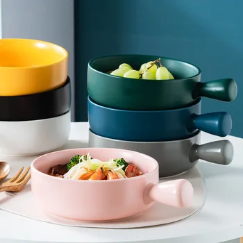 

Nordic handle bowl home creative student noodle bowl cute children's tableware personality salad bowl single ceramic baking bowl