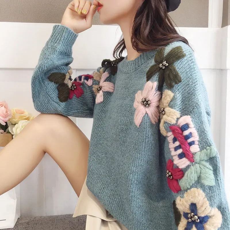 Вышитый пуловер с цветами женский свитер осень зима корейский свитер Мода Большие размеры Трикотаж Свитер женский пуловер C5879 - Цвет: gray blue sweaters