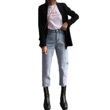 Loyalget/рваные джинсовые джинсы-шаровары для женщин,, длина по щиколотку, высокая талия, укороченные джинсы для мам, большие размеры, рваные штаны-бойфренды