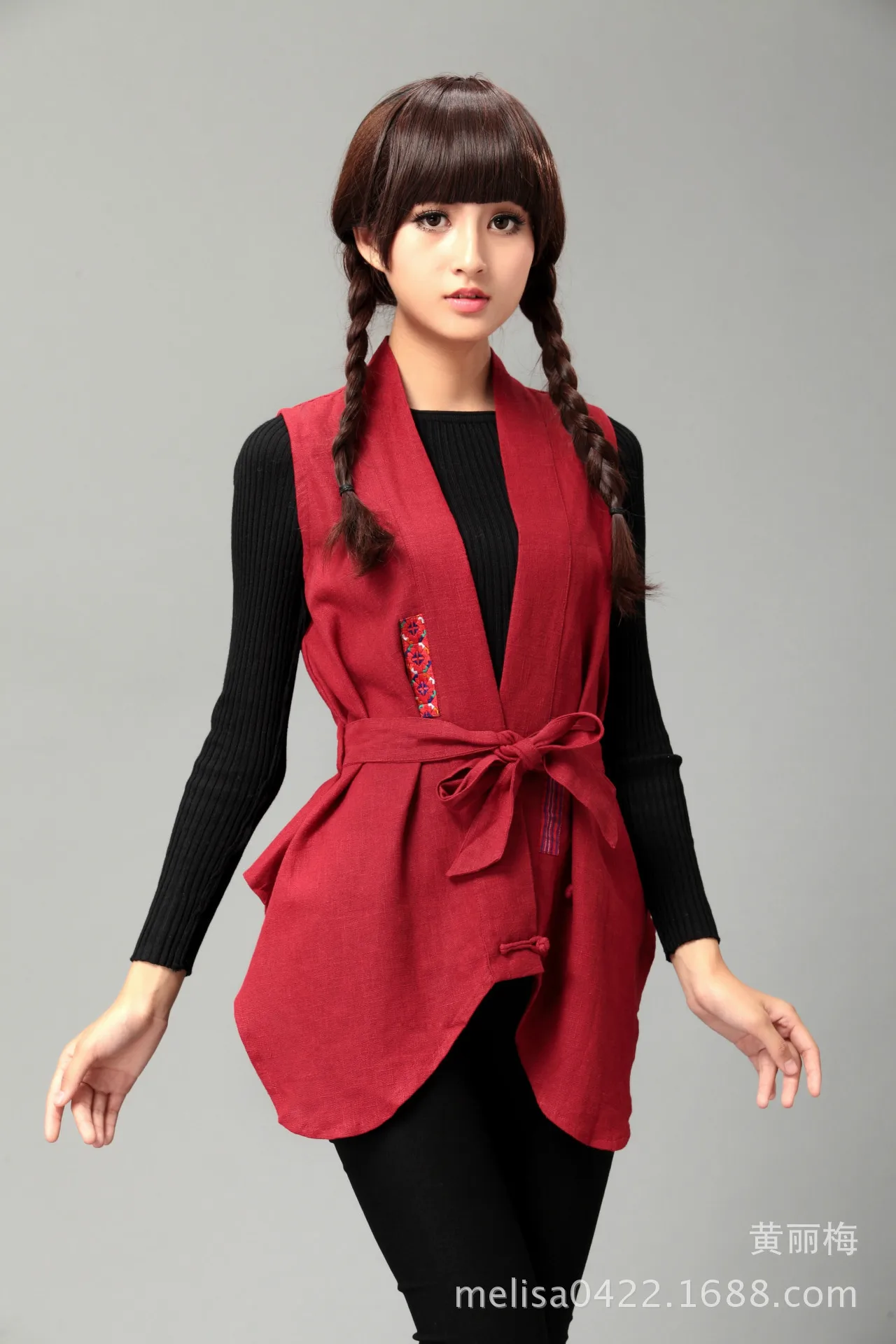 

Ma Fan Commoner Autumn And Winter New Style Hemp Embroidered Waistcoat Ma Fan Ethnic-Style Women's Mid-length Belt Waistcoat