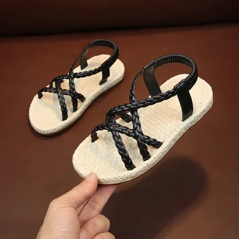 

2020 Summer Children Roman Sandal For Girls Weaving Shoes Kids Beach Sandals For Girls 3-12 Years Black White Size 26-36