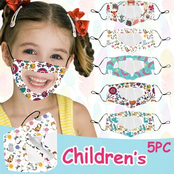 

Children's Outdoor Masks Cute Colorful Printed Transparent Window Visible Deaf-mute Boys And Girls Universal Reusable Mask 5pcs
