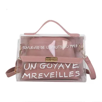 

LIXUN 2PCs Composite Bags Clear Bag Women Summer Pink PVC Handbags Purse Ladies Casula Shoulder Crossbody Bag Jelly Beach Bags