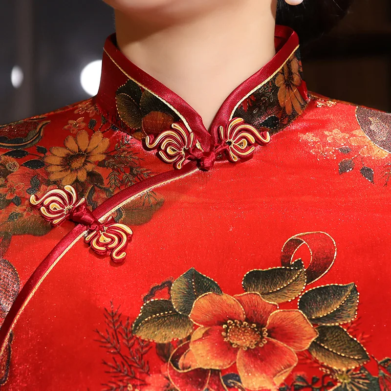 Новая Высокая мода красный Cheongsam с цветочным принтом Китайский классический женский Qipao элегантный Новинка 5XL сексуальное Золотое бархатное китайское платье