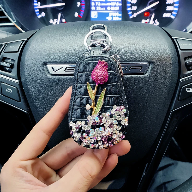 Car Key Chain 1 Pcs Flower Car Key Holder Storage Case Crystal Diamond Keychains Key Cover Remote Bag For BMW Lada Interior Accessories Key Case