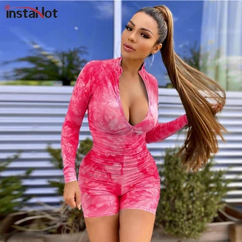 

InstaHot Tie Dye Zipper Up Playsuit Long sleeve Skinny Mock Neck Mesh Ruched Sexy Rompers Lady Autumn Bodycon Fitness Playsuit