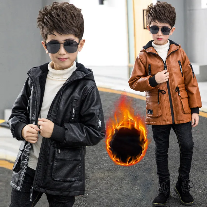Кожаная куртка для мальчиков, пальто джентльменское пальто с капюшоном для мальчиков 3-12 лет, детская зимняя куртка, верхняя одежда