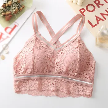 

Ladies Bright Silk Shoulder Strap Cross Beautiful Back Lace Wrap Chest Padded Bra Intimates Soft Underwear