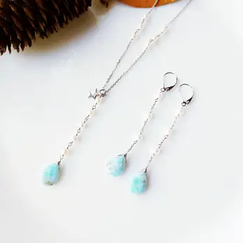 

LiiJi Unique Women Necklace Larimar Freshwater Pearl 925 Sterling Silver Chain Link Star Pendant Necklace