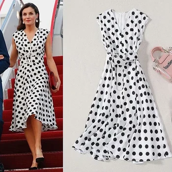 

Letizia High Quality Summer 2020 New Women'S Fashion Party Casual Dot Printing Elegant Chic Gentlewoman Dresses Knee Length