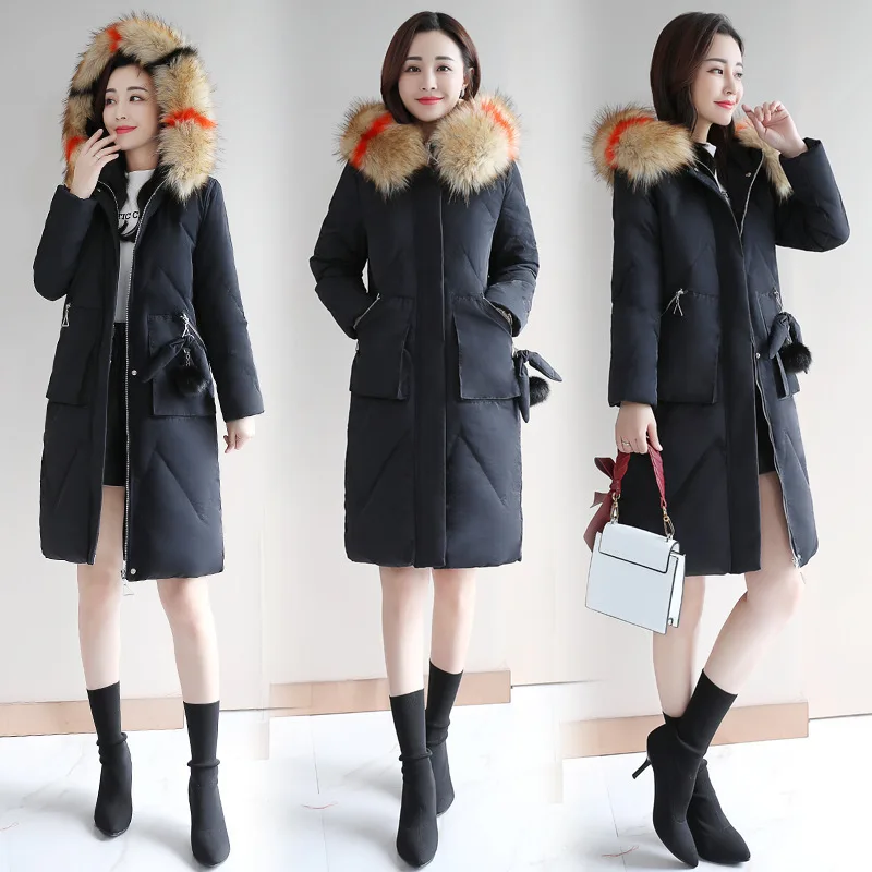 Large Fur Collar Cotton-padded Clothes Women's Winter New Style Korean-style Large Size Thick Warm Waist Hugging Mid-length