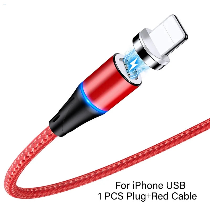 For iPhone Red Магнитный usb-кабель 1 м, 3 А, быстрая зарядка, кабель Micro type C, светодиодный нейлоновый плетеный кабель type-C USBC, магнитное зарядное устройство для iphone Xs samsung A50 - Цвет: For iPhone Red
