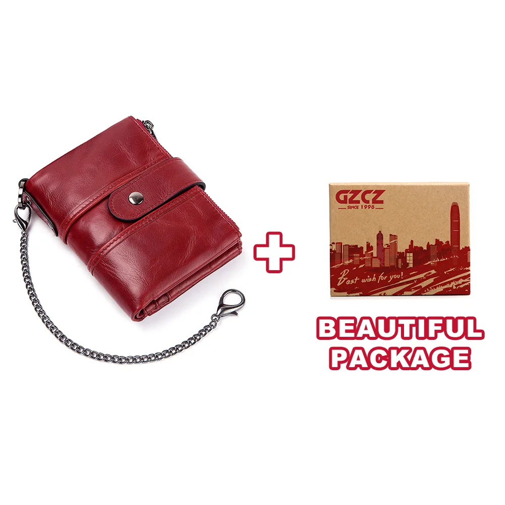 GZCZ кошелек женский из натуральной кожи короткие кошельки для женщин высокое качество портмоне Rfid кошелек Portomonee зажим для денег сумка для денег - Цвет: Red-Chain-BOX