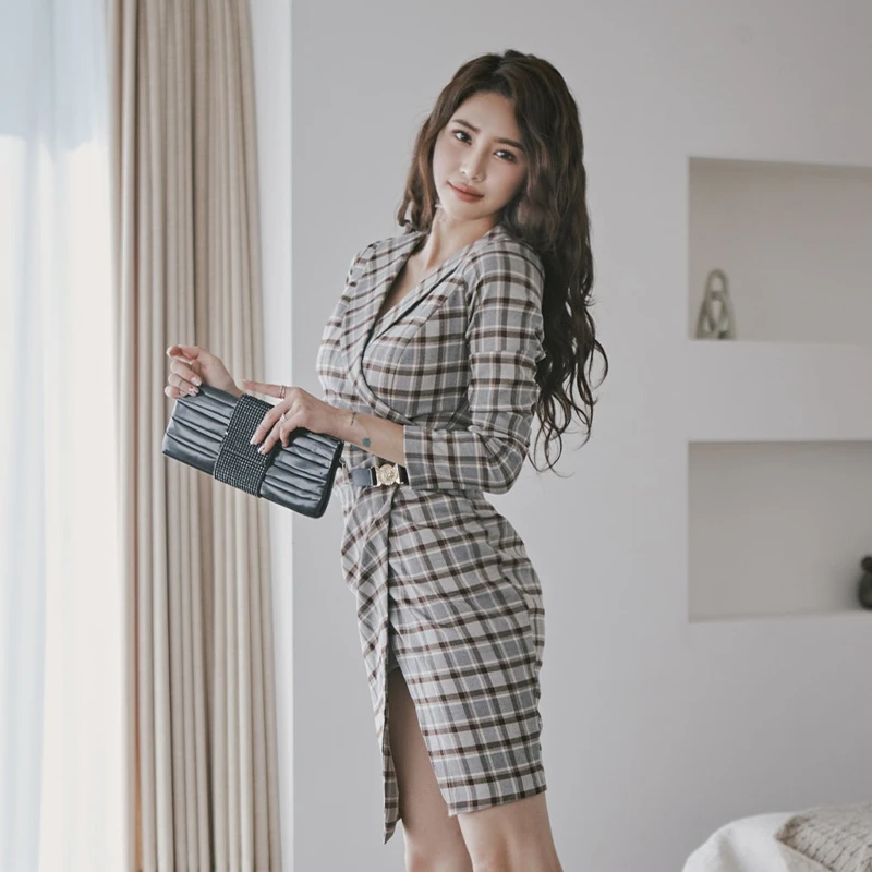 Han edition autumn temperament lapel side waist double metal buckle handbags checked dress hips open fork