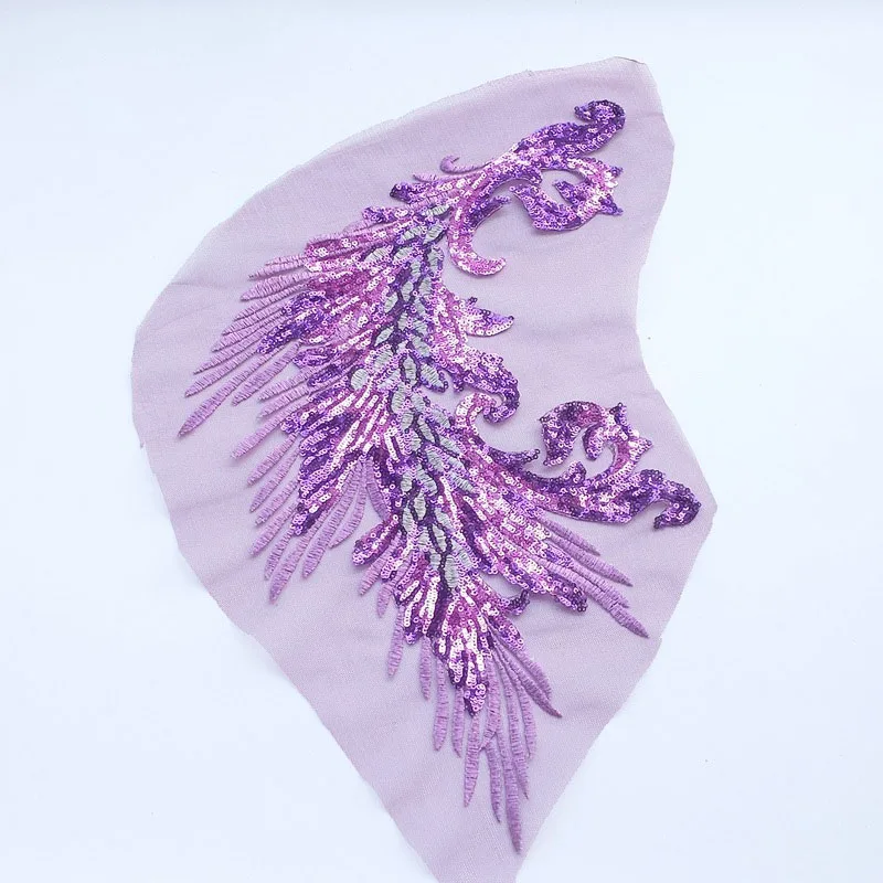Purple left 1 шт. вышитые Блестки павлин крылья из перьев аппликации для шитья DIY отделка одежды платье Чонсам ремесло украшения из ткани - Цвет: Purple left