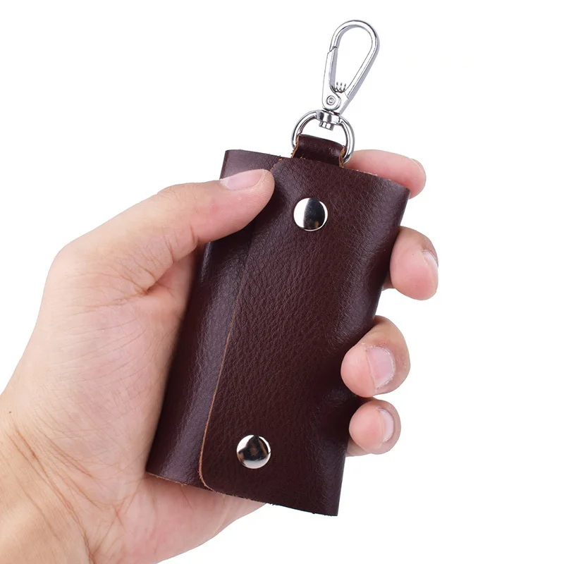 Genuine Leather Keychain Key Holder Ring with 6 Hooks Snap Closure