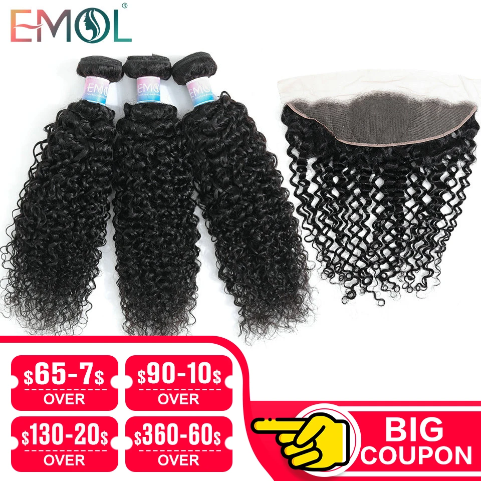 

EMOL Kinky Curly Hair Bundles With closure frontal 13*4 Peruvian Hair Bundles Non-Remy Human Hair Extensions