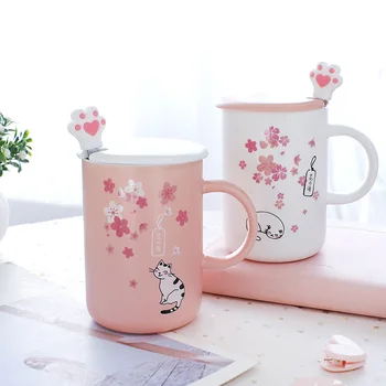 

Cute Sakura Cat Ceramic Mug with Lid and Spoon Coffee Milk Cup Breakfast Mug Lover's Gifts Home Office Tea Water Cup Drinkware