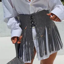 Sexy Women Sequins Tassel Skirts Ladies Sparkly Diamond Rhinestone Skirts High Waist Mini Skirt Gold Silver Black