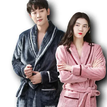 

Winter Couple Flannel Bathrobes Men And Women Thick Coral Fleece Kimono Robe Long Sleeve Knee-Length Bath Gown Warm Sleepwear