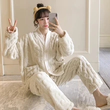 Thick Flannel Pijamas Woemn V Neck Pajamas Plants Lounge Wear Pyjama Big Size XXL Bedroom Set Sleepwear Coral Velvet Nightwear