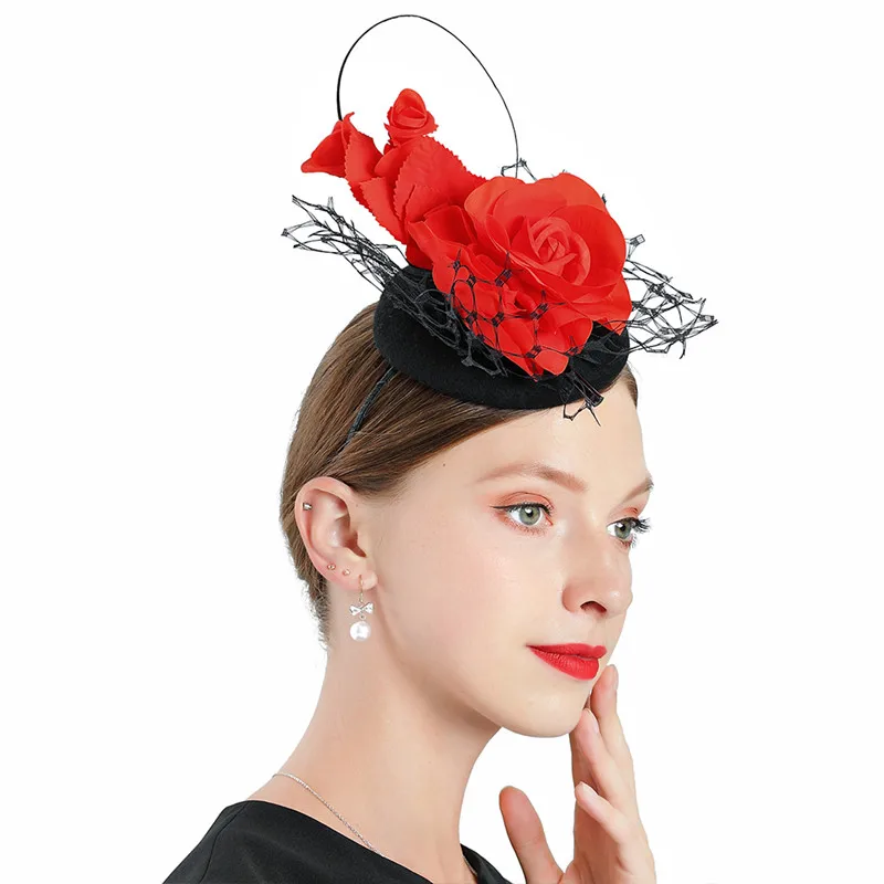 Brand New Wool Fedora Hats Black With Red Fascinator Flower Decoration Wedding Woman Elegant Felt Hat Winter Party Prom Top Hat - Цвет: Красный