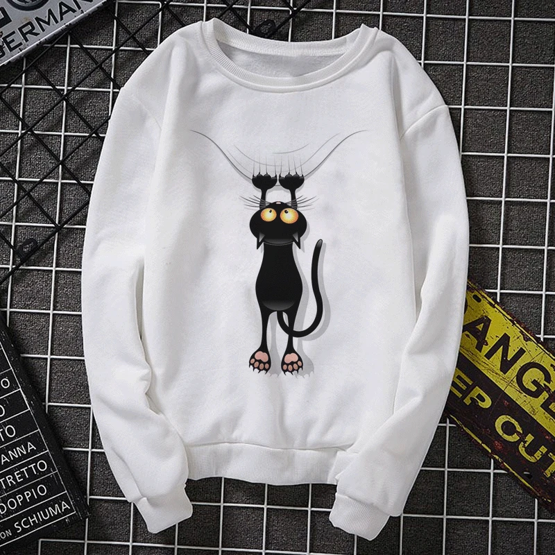  Brand New Winter Harajuku Fashion Funny Black Cat Casual Hoodies Korean Style Hoody Tops Print Long