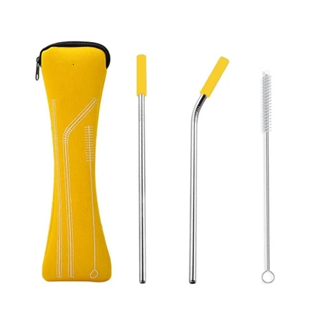 yellow 2pcs 8 шт красочные многоразовые силиконовые наконечники крышка из нержавеющей стали соломинка металлическая соломинка с кистью набор кухонных столовых инструментов - Цвет: yellow 2pcs